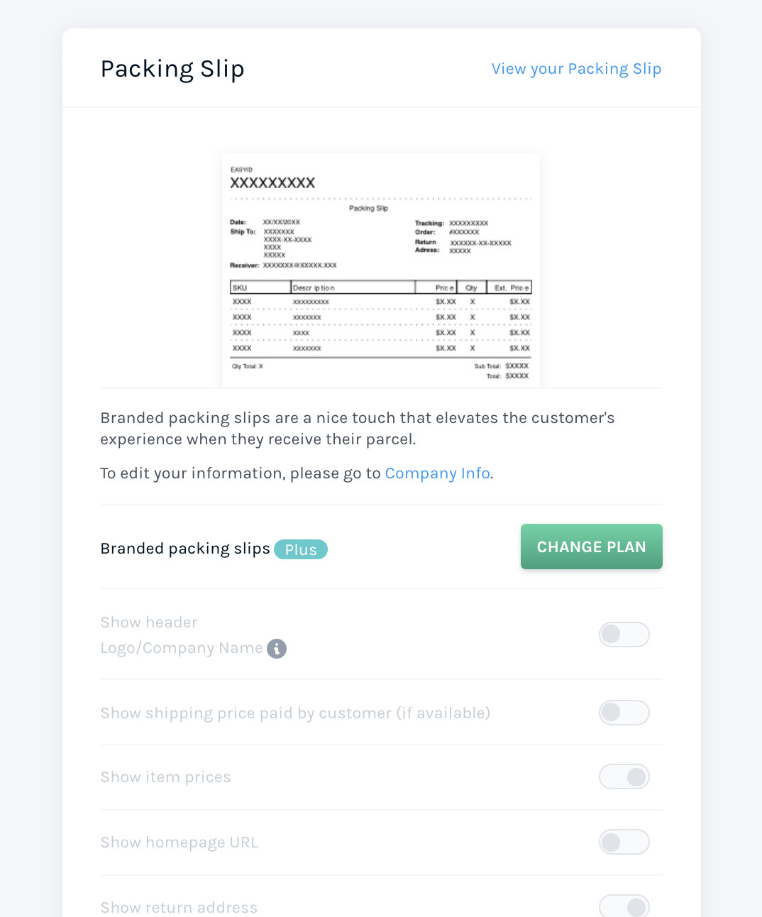 Change Plan to Use Branded Packing Slips Feature