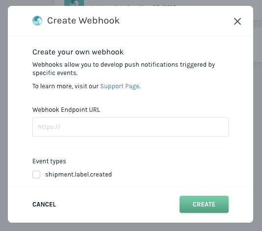 Enter details to create a Webhook in Easyship
