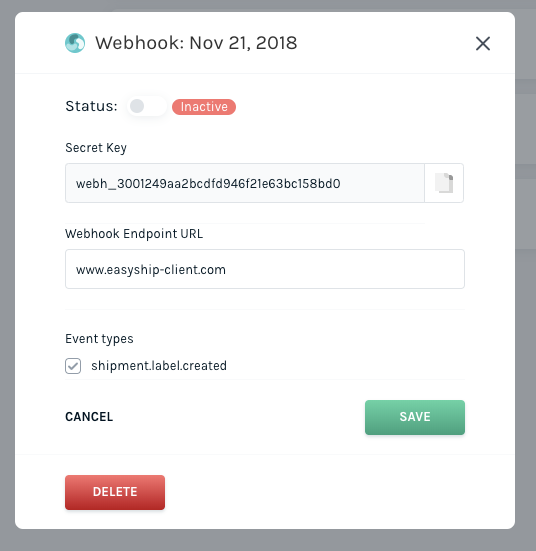 Inactive Webhook in Easyship