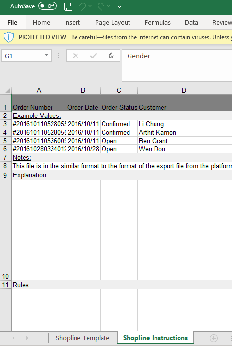 Shopline CSV template with Instructions to Follow