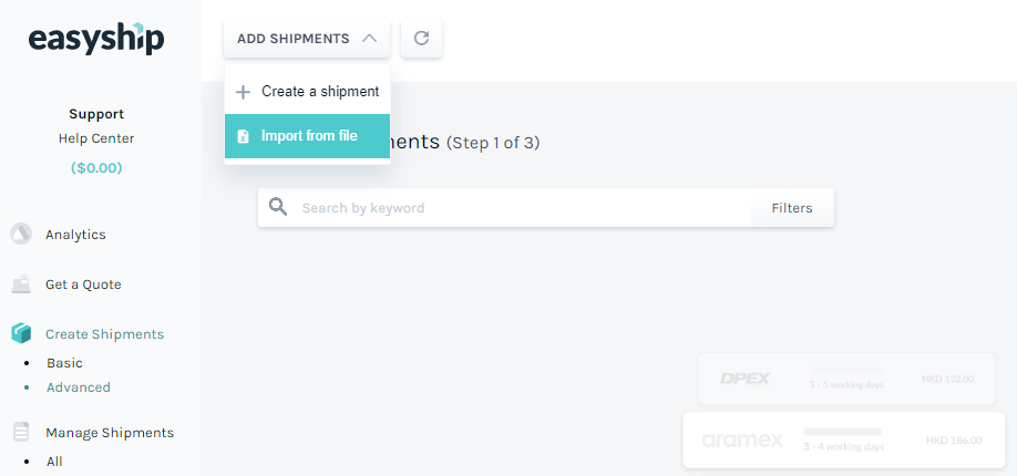 Import shipments from CSV file in the Easyship Dashboard