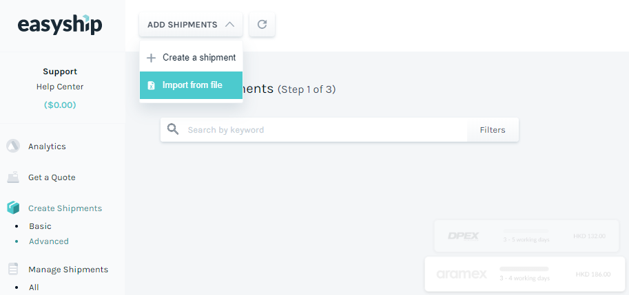 Import Shipments from file in the Easyship Dashboard
