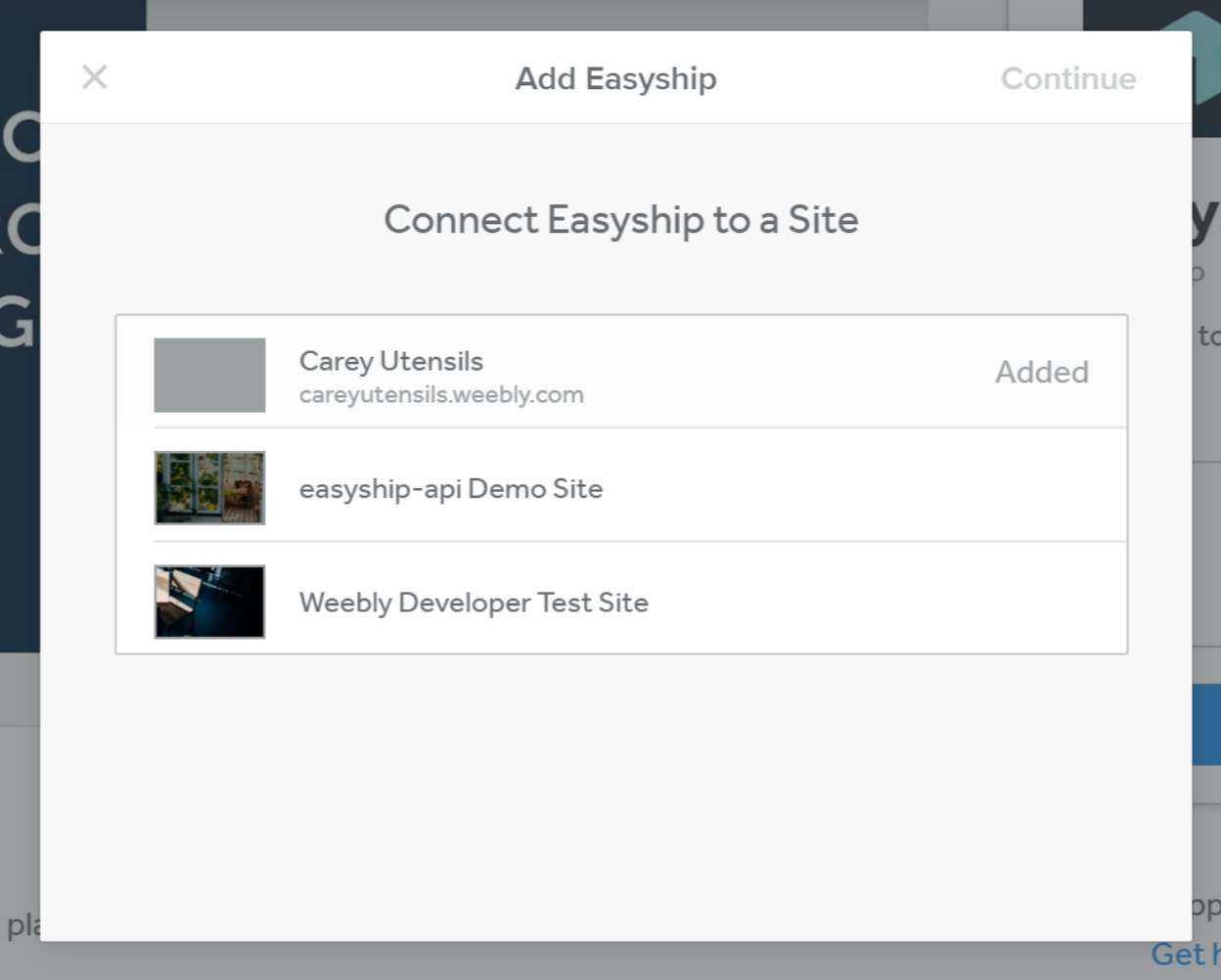 Select Weebly Site to Integrate with Easyship