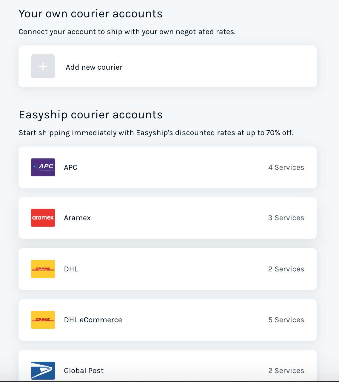Easyship Couriers Account List
