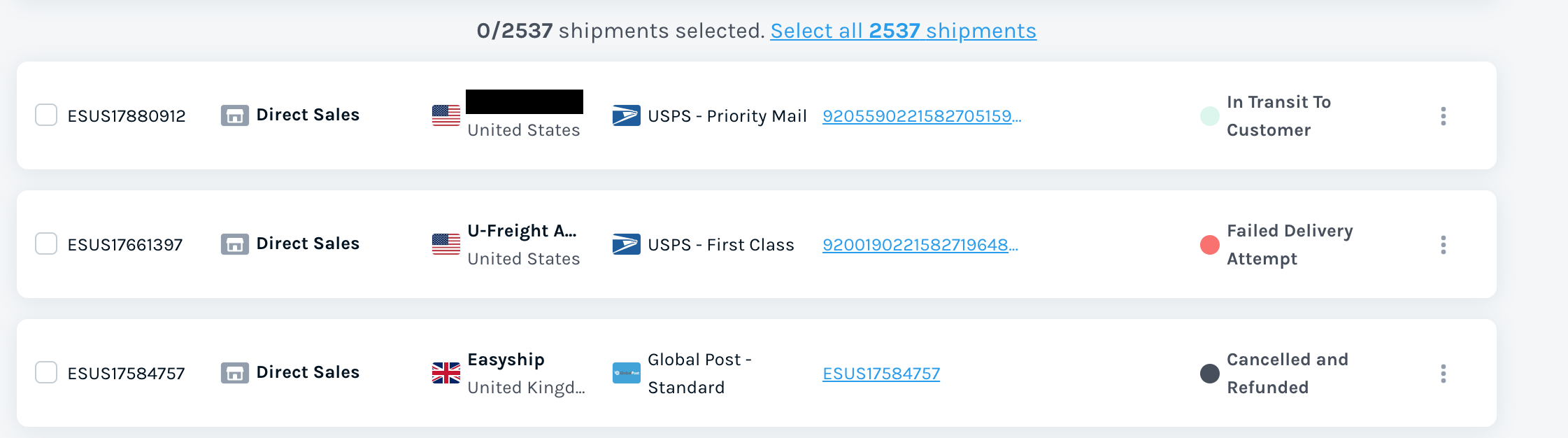 Shipments List Example