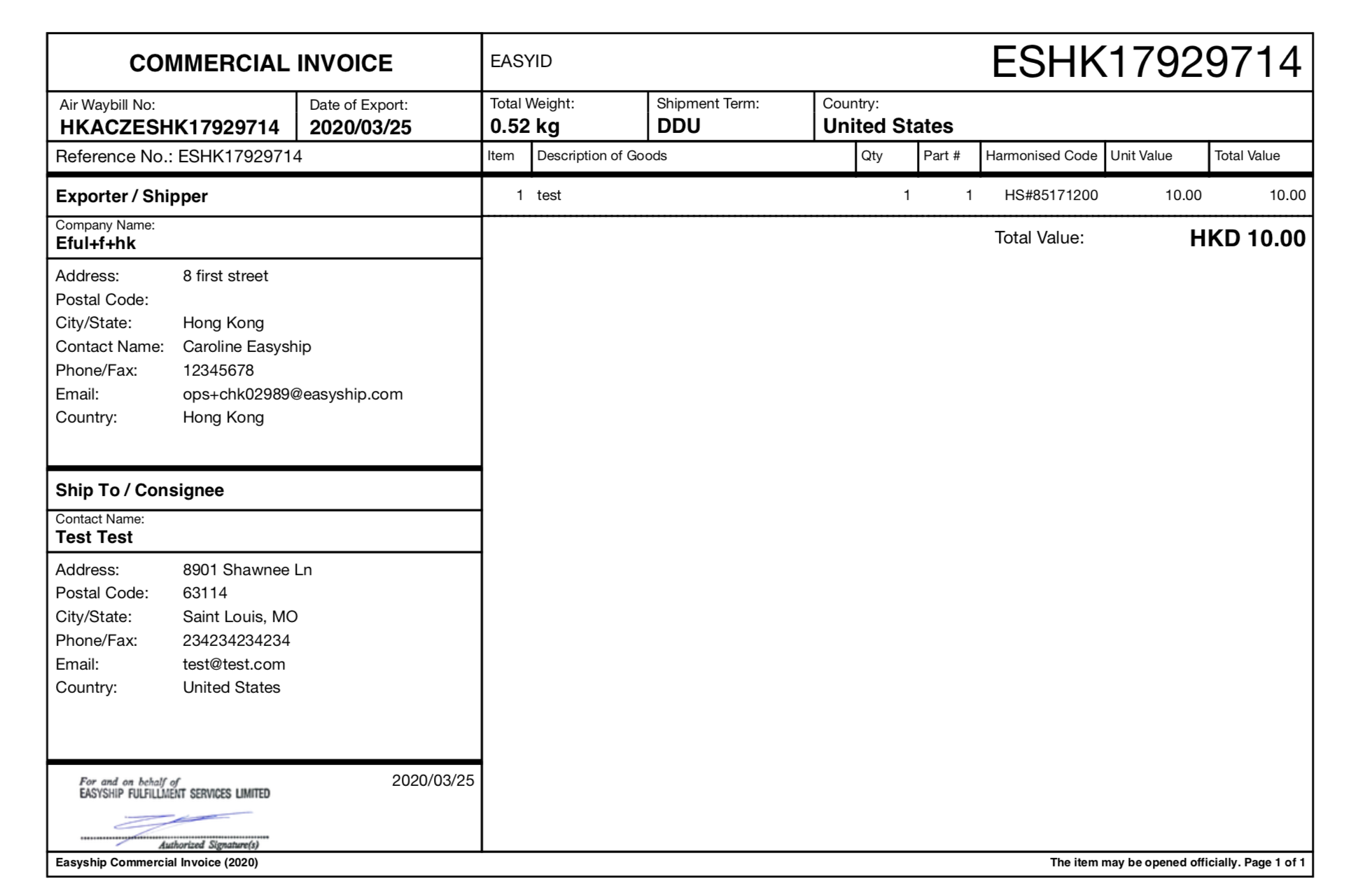 International Commercial Invoice Example