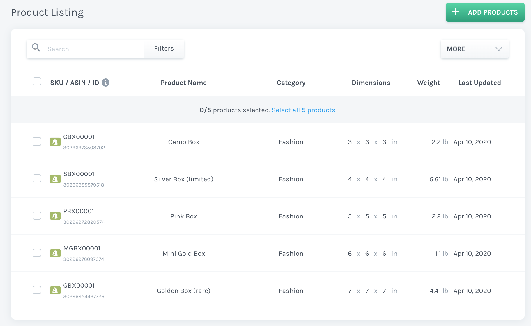 Newly added products list in the Easyship dashboard