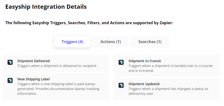 Easyship Triggers Supported by Zapier