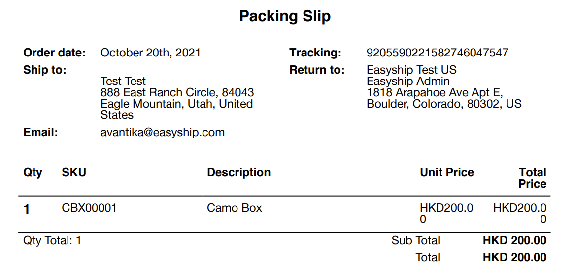 Example of Packing Slip